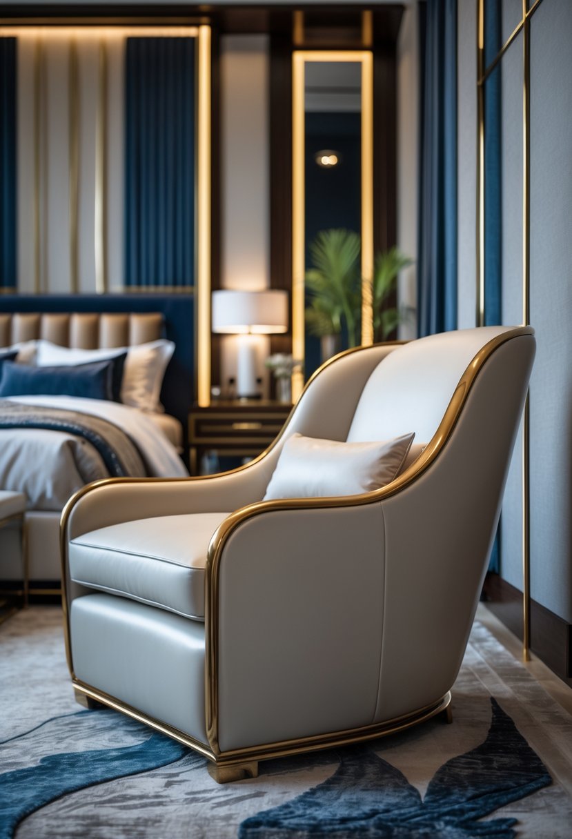 Art Deco Revival Bedroom Décor: 22 Stylish Ideas for a Timeless Look 12 A bedroom with two glossy lacquered armchairs placed near a bed, featuring polished furniture and soft lighting.