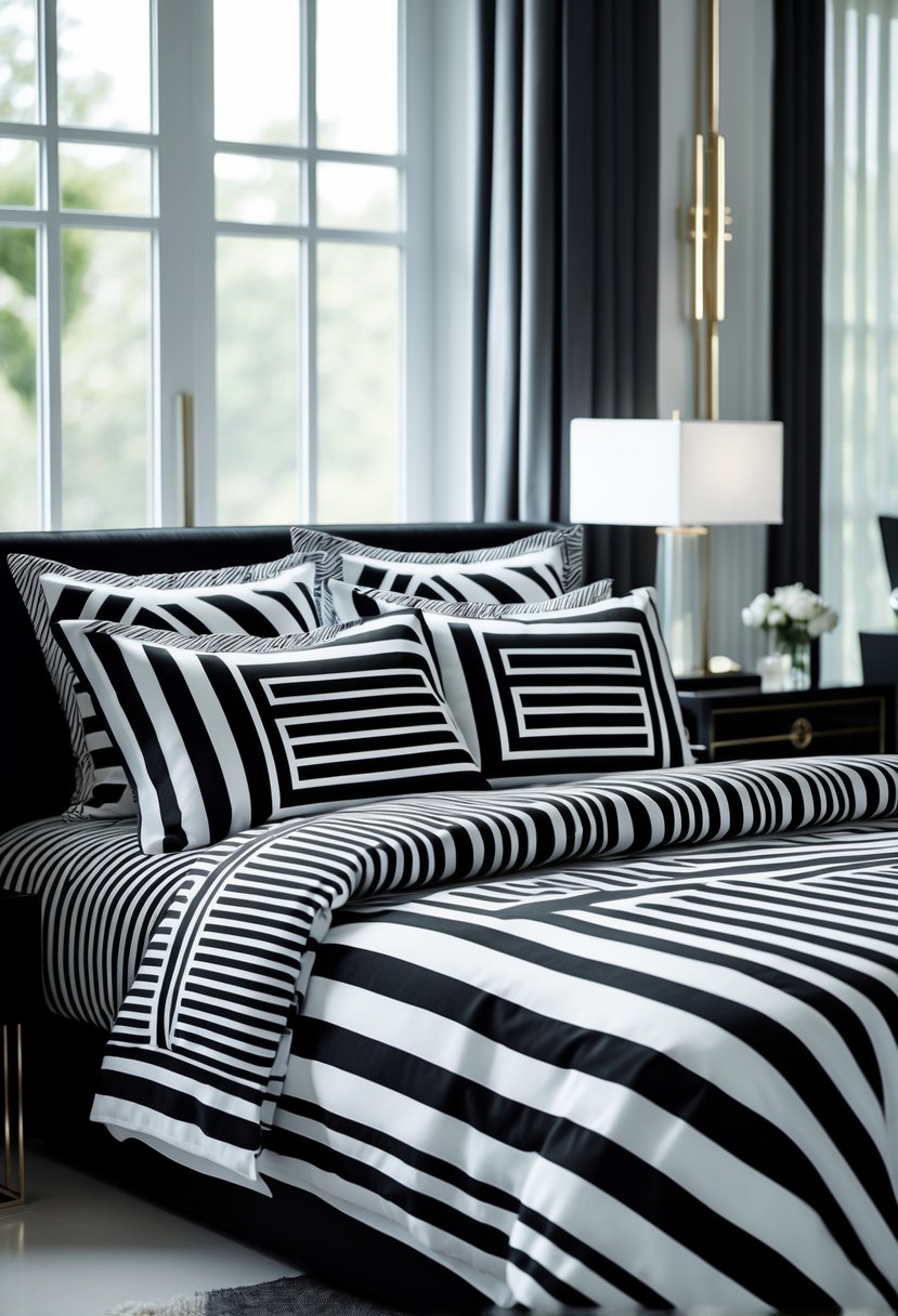 Art Deco Revival Bedroom Décor: 22 Stylish Ideas for a Timeless Look 13 A neatly made bed with black and white patterned bedding in a stylish bedroom with modern furniture and soft natural light.