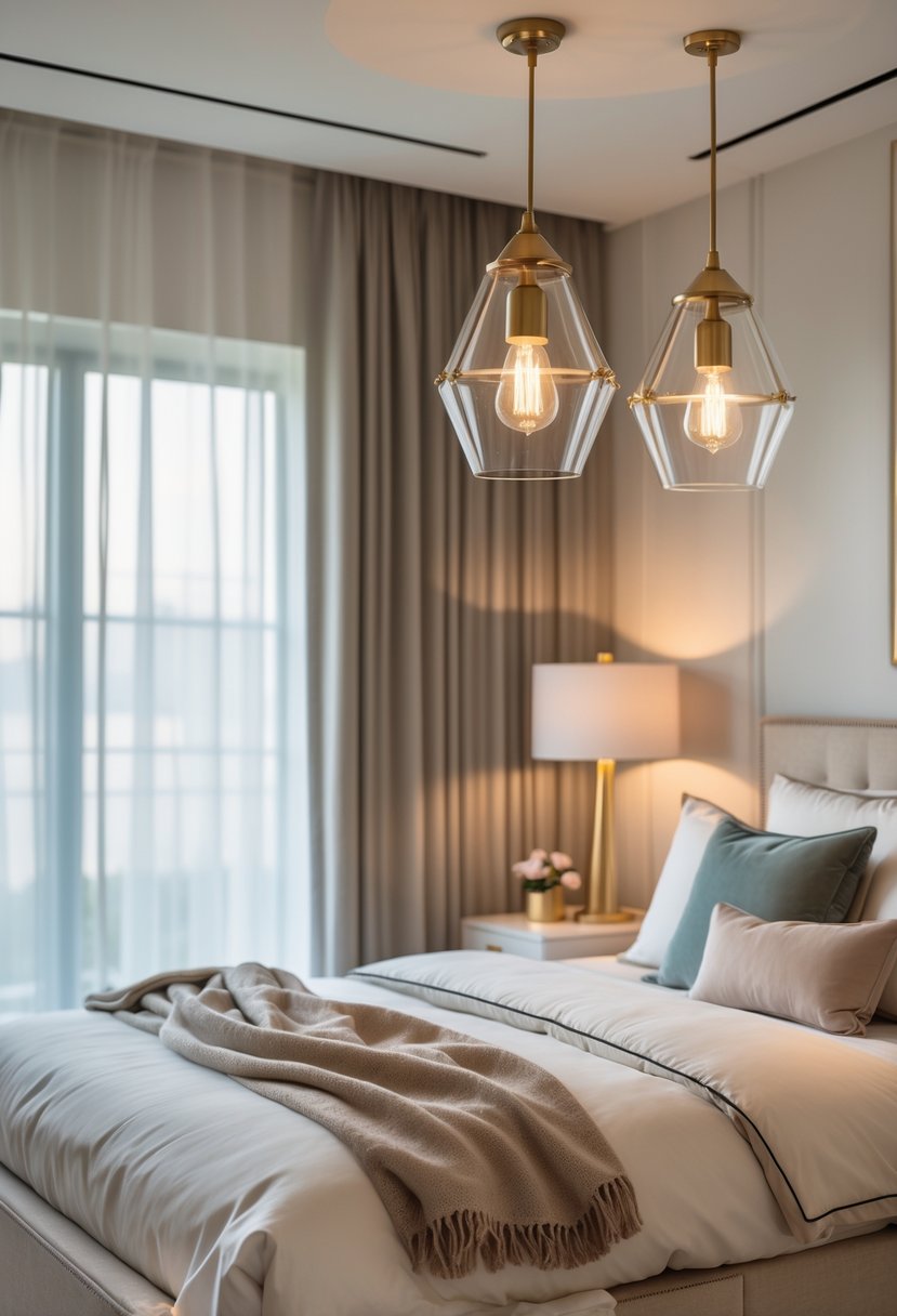 Art Deco Revival Bedroom Décor: 22 Stylish Ideas for a Timeless Look 14 A bedroom with brass and glass pendant lights hanging above a neatly made bed, creating a warm and inviting atmosphere.