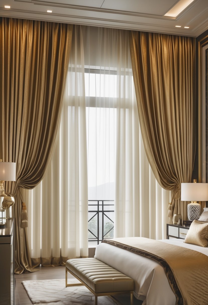 Art Deco Revival Bedroom Décor: 22 Stylish Ideas for a Timeless Look 15 A well-lit bedroom with silk curtains hanging by a large window, a neatly made bed, and elegant furnishings.