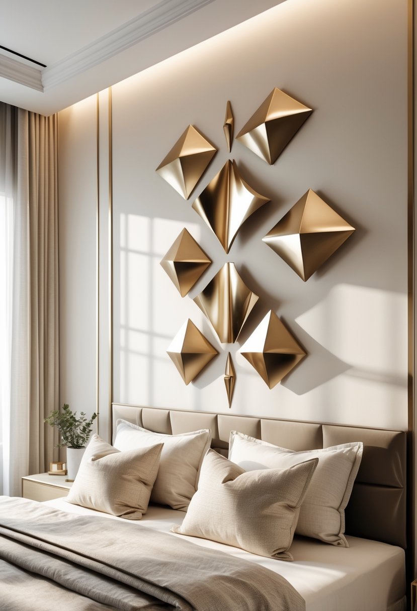 Art Deco Revival Bedroom Décor: 22 Stylish Ideas for a Timeless Look 16 A bedroom with a neatly made bed and geometric metal wall art displayed above the headboard.