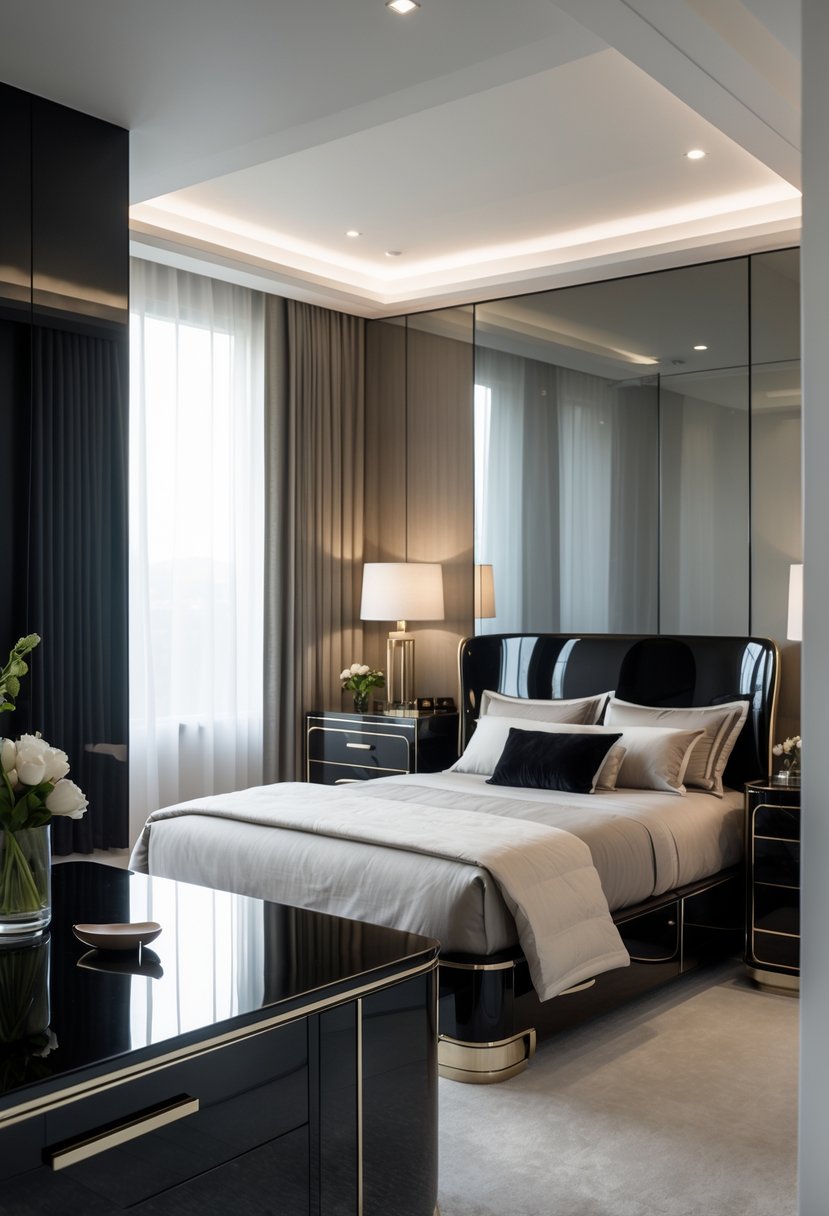 Art Deco Revival Bedroom Décor: 22 Stylish Ideas for a Timeless Look 17 A bedroom with glossy black furniture including a bed, nightstands, and a dresser, softly lit by natural and ambient light.