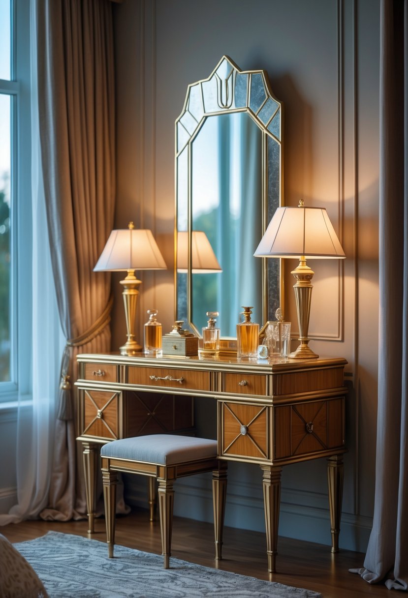 Art Deco Revival Bedroom Décor: 22 Stylish Ideas for a Timeless Look 18 A bedroom with a vintage-style vanity table featuring a large mirror, decorative items, and a neatly made bed in the background.