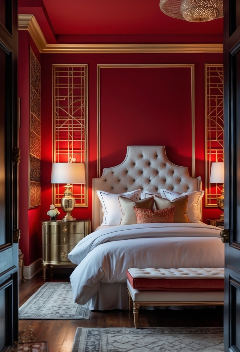 Art Deco Revival Bedroom Décor: 22 Stylish Ideas for a Timeless Look 19 A bedroom with bold red accent walls, a bed with white bedding, a bedside table with a lamp, and polished hardwood floors.