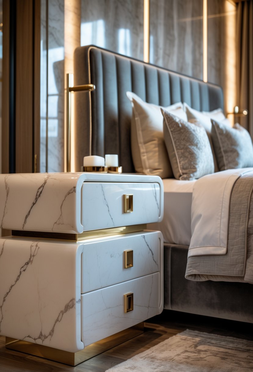 Art Deco Revival Bedroom Décor: 22 Stylish Ideas for a Timeless Look 20 A bedroom with a neatly made bed and glossy marble nightstands on each side under soft lighting.