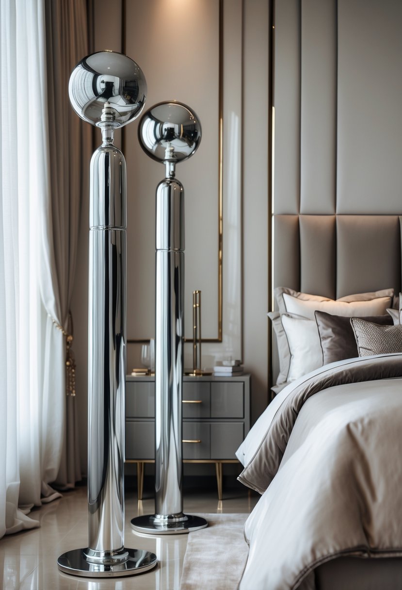 Art Deco Revival Bedroom Décor: 22 Stylish Ideas for a Timeless Look 21 A bedroom with shiny chrome floor lamps next to a neatly made bed and soft natural light coming through curtains.