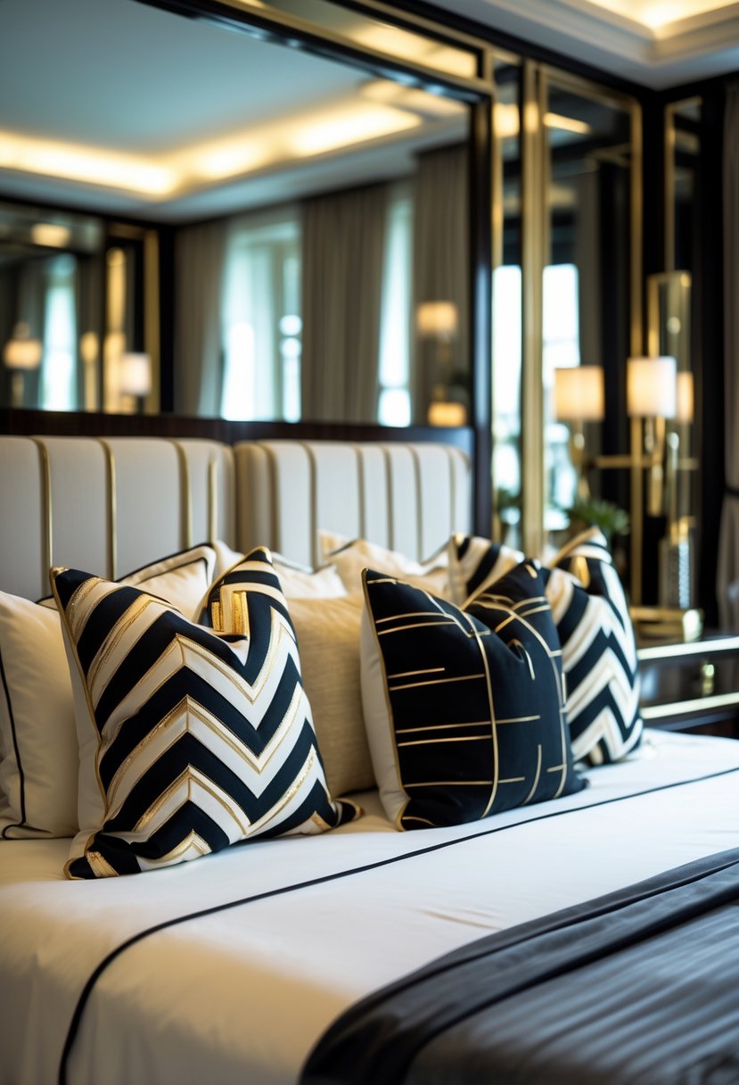 Art Deco Revival Bedroom Décor: 22 Stylish Ideas for a Timeless Look 22 A neatly made bed with chevron patterned cushions in a bedroom featuring elegant furniture and soft lighting.