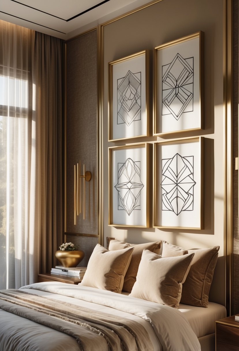 Art Deco Revival Bedroom Décor: 22 Stylish Ideas for a Timeless Look 23 A neatly arranged bedroom with a bed and brass-framed art prints hanging on the wall, illuminated by soft natural light.