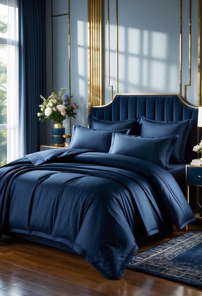Art Deco Revival Bedroom Décor: 22 Stylish Ideas for a Timeless Look 24 A neatly made bed with rich navy blue bedding in a stylish bedroom with elegant furniture and soft natural light.