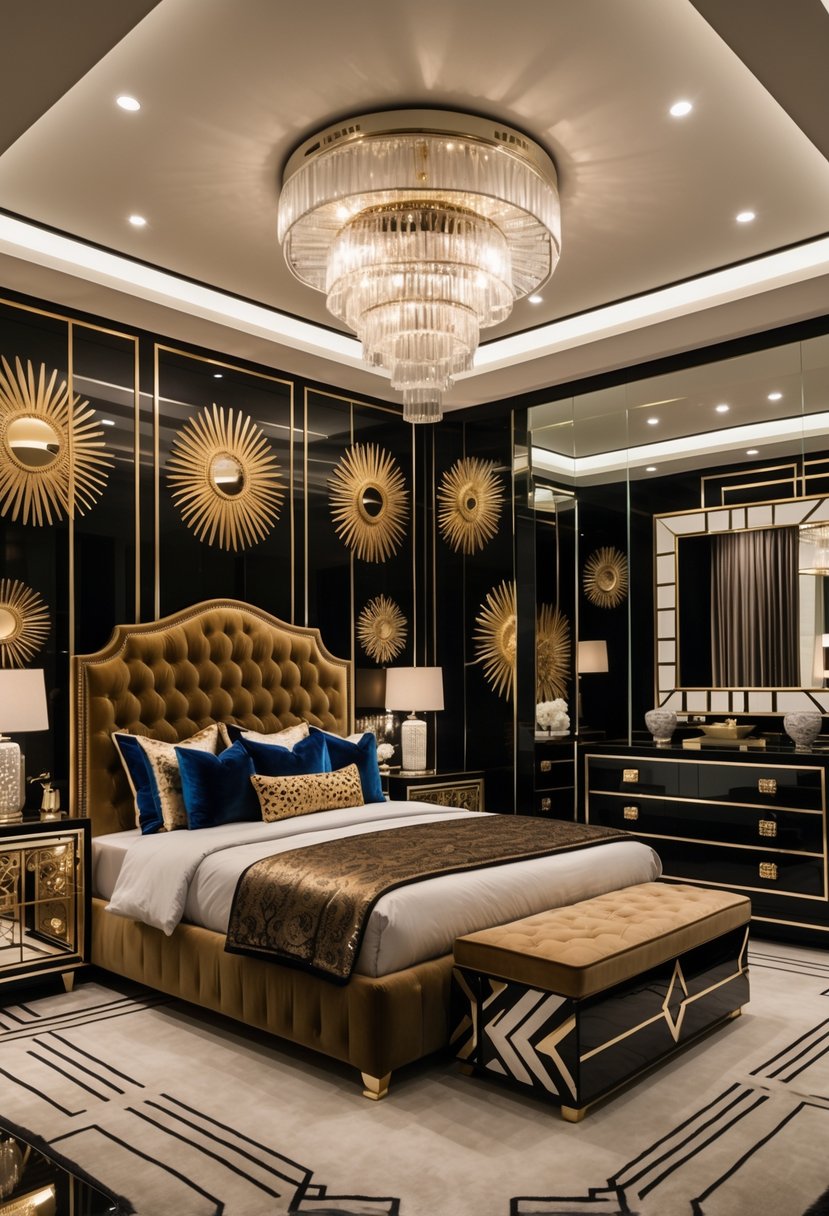 Art Deco Revival Bedroom Décor: 22 Stylish Ideas for a Timeless Look 25 A well-lit bedroom with a large bed, elegant furniture, a chandelier, and decorative patterned walls.