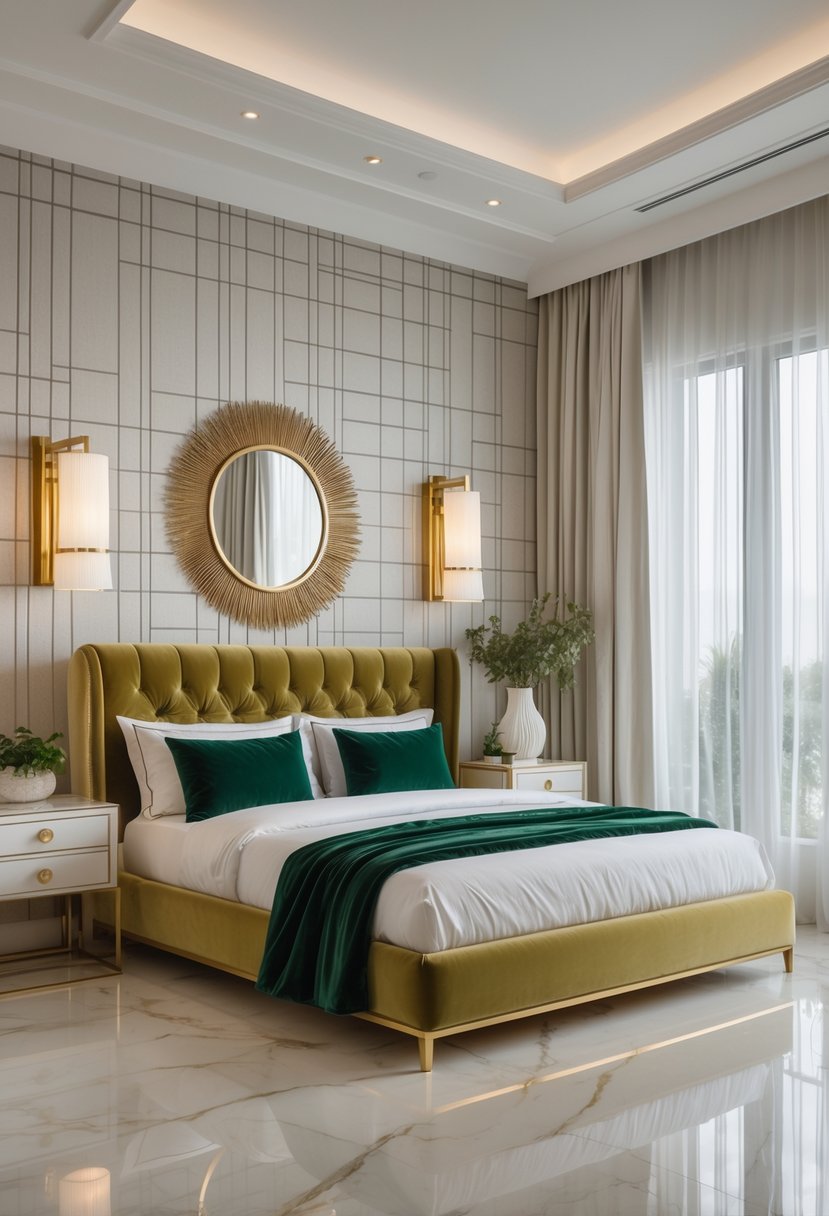 Art Deco Revival Bedroom Décor: 22 Stylish Ideas for a Timeless Look 26 A bright and inviting bedroom with a large bed, patterned wallpaper, gold-accented nightstands, and elegant lighting, featuring decorative pillows and a vase with greenery.