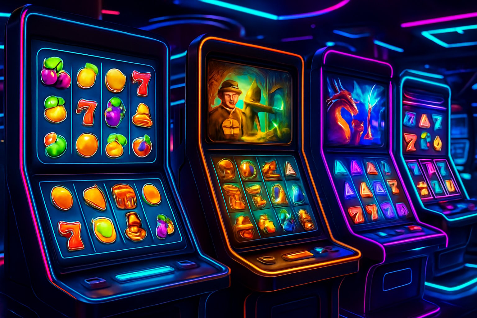 Beberapa layar digital menampilkan berbagai jenis permainan slot online dengan tema berbeda di dalam lingkungan kasino futuristik.