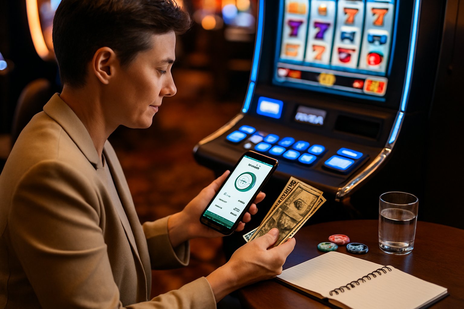 Seseorang sedang mengatur uang dan menggunakan ponsel di depan mesin slot di kasino.