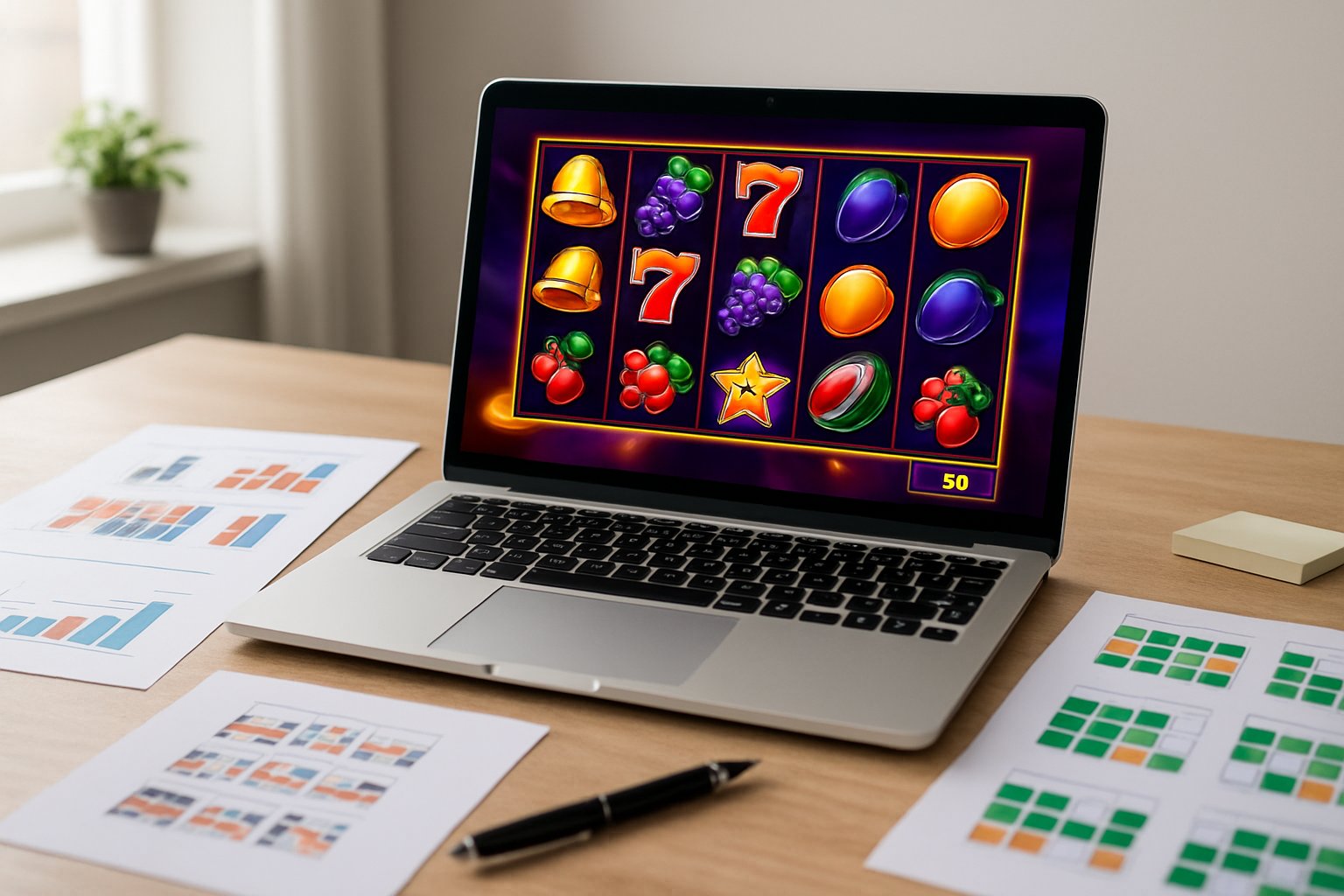 Seorang pemain atau analis sedang mempelajari pola permainan slot online dengan layar komputer menampilkan permainan slot dan catatan strategi di meja.