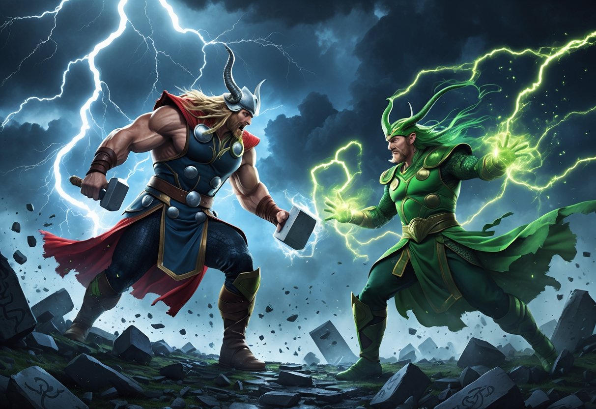 Pertarungan epik antara Thor dan Loki di medan perang yang gelap dan penuh petir saat Ragnarok.