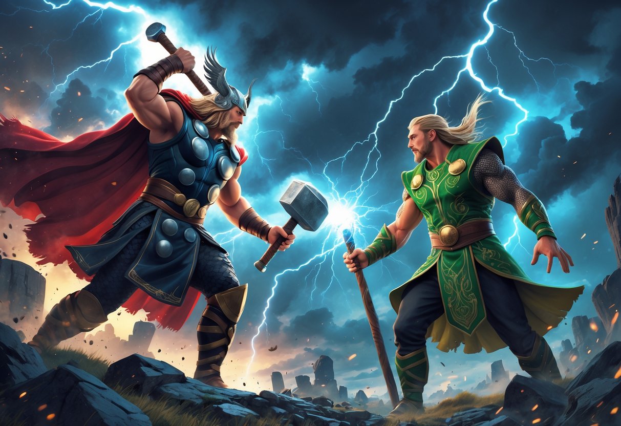 Adegan pertarungan antara Thor yang memegang palu dan Loki yang memegang tongkat sihir di latar belakang langit badai dan reruntuhan kuno.