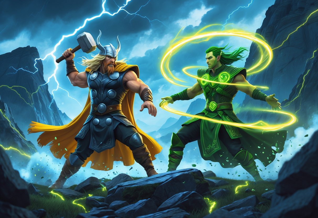 Adegan pertarungan antara Thor dan Loki di dunia mitologi Nordik dengan latar pegunungan dan langit badai.