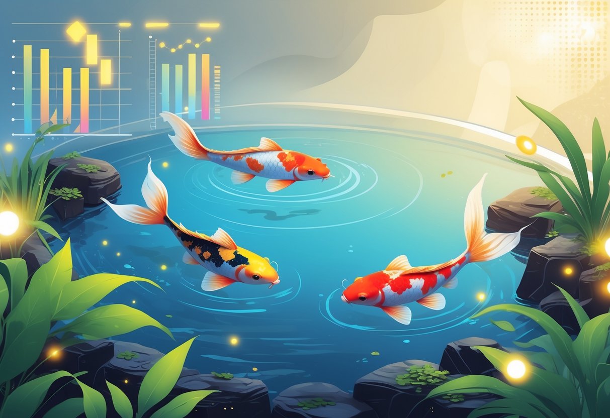 Tiga ikan koi berwarna-warni berenang di kolam yang tenang dengan latar belakang elemen strategi dan permainan yang samar.