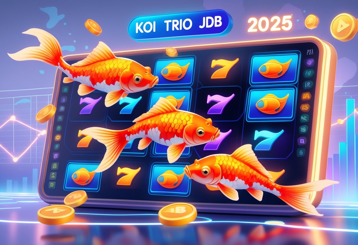 Ilustrasi tiga ikan koi berenang di sekitar mesin slot dengan latar belakang grafik dan angka yang menggambarkan strategi dan peluang menang dalam permainan KOI TRIO JDB.