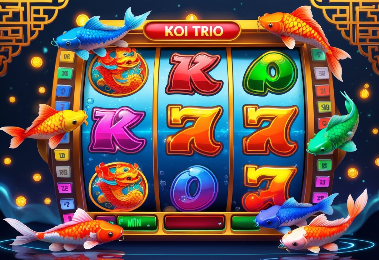 Ilustrasi mesin slot dengan tiga ikan koi berwarna-warni mengelilingi gulungan slot yang menampilkan simbol keberuntungan, dengan latar belakang motif Asia dan elemen digital.