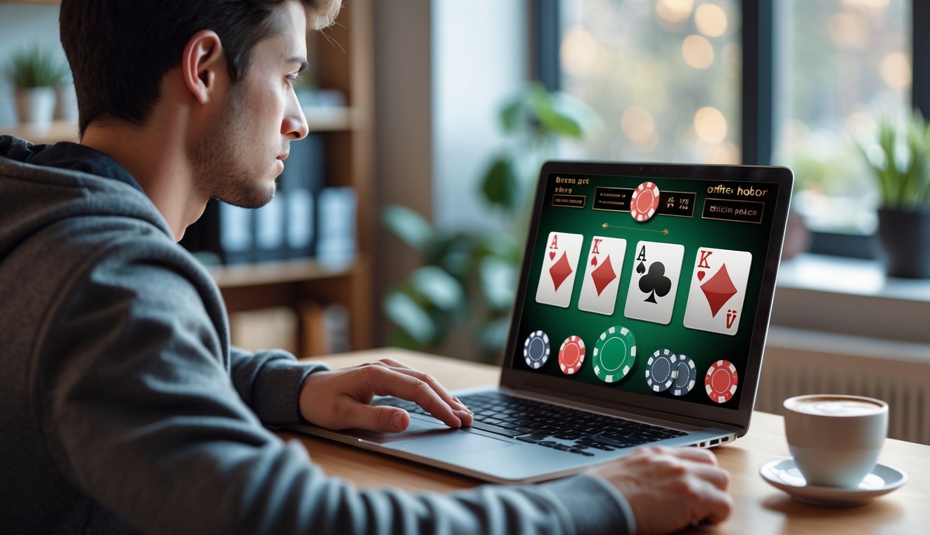 Seorang pemula bermain poker online di laptop di ruang kerja rumah yang nyaman.