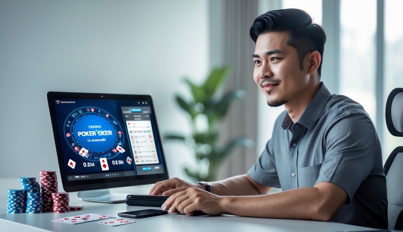 Seorang pria muda Indonesia duduk di meja dengan laptop yang menampilkan permainan poker online, dikelilingi oleh chip poker dan kartu remi.