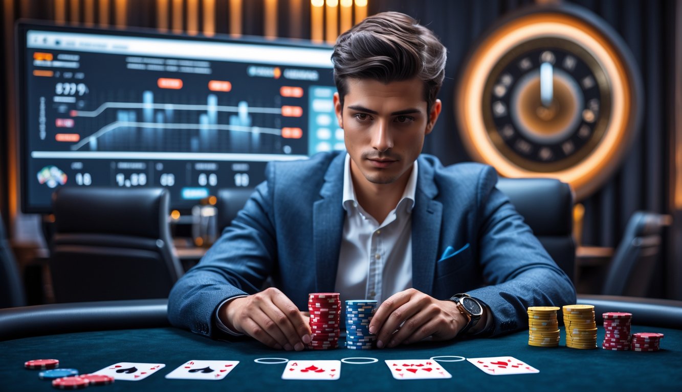 Seorang dewasa muda duduk di meja poker dengan kartu dan chip, fokus menganalisis strategi bermain poker online.