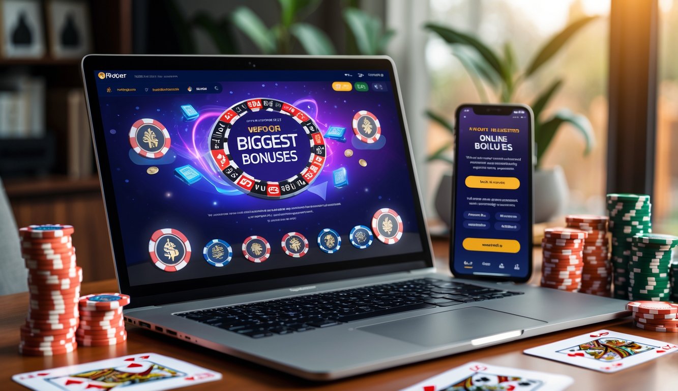 Seseorang bermain poker online di laptop dengan chip poker dan kartu di meja, menunjukkan suasana permainan yang menarik.