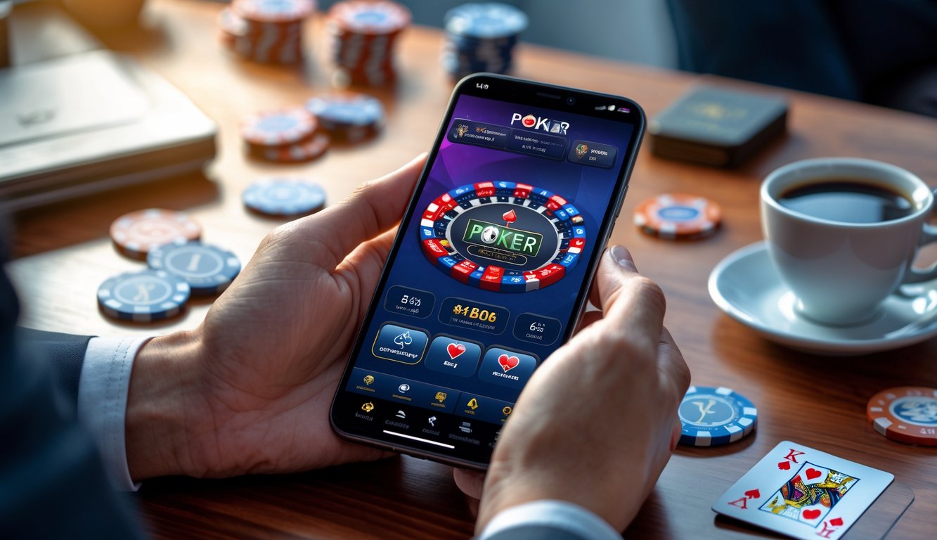 Seseorang memegang ponsel yang menampilkan permainan poker dengan tumpukan chip dan kartu di atas meja kayu.