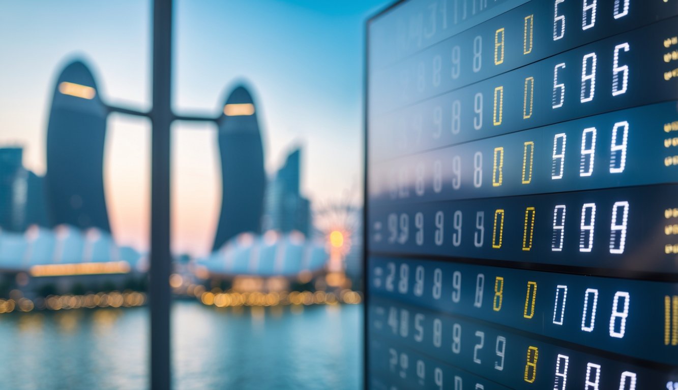 Papan digital modern menampilkan angka yang berubah cepat dengan latar belakang kota Singapura yang samar.