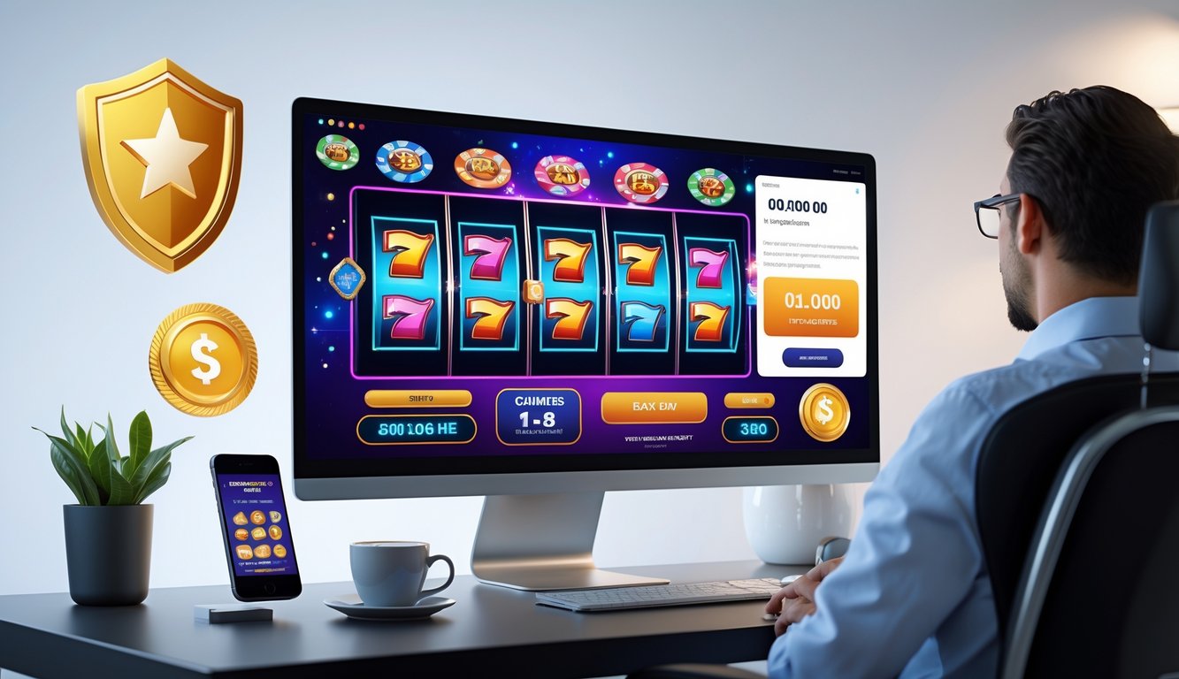 Sebuah meja kerja modern dengan komputer menampilkan permainan slot online berwarna-warni dan elemen yang menunjukkan keamanan dan kenyamanan.