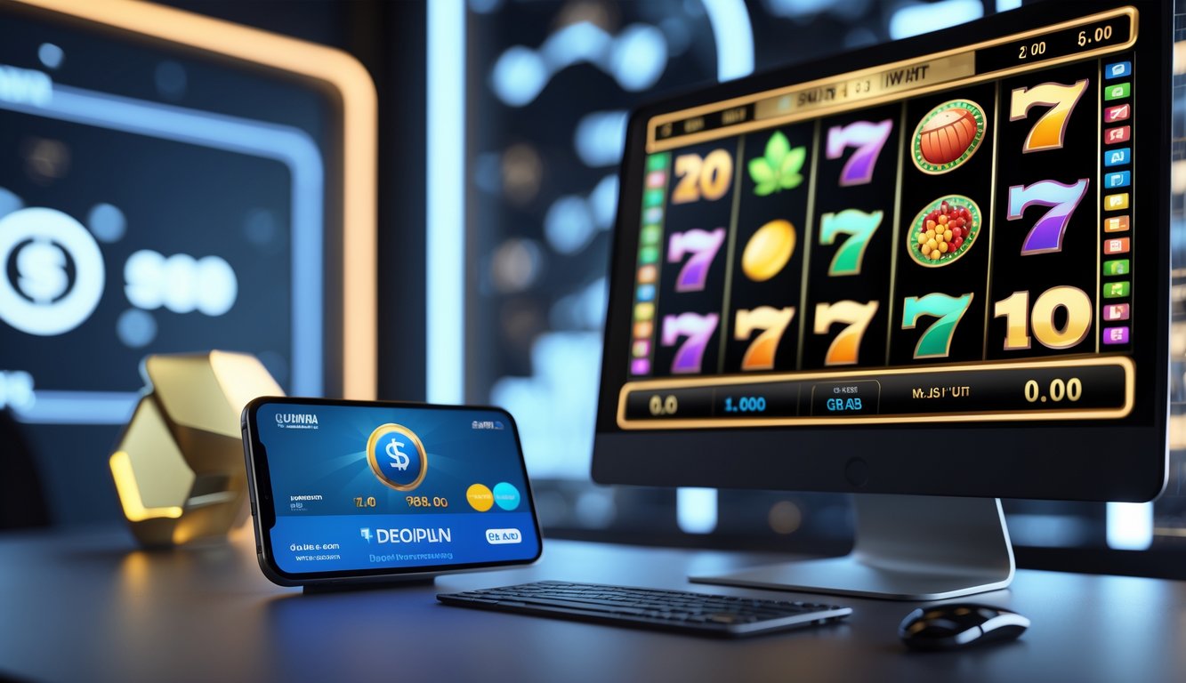 Seorang pengguna sedang bermain slot online di komputer dengan smartphone yang menunjukkan proses deposit tanpa potongan.