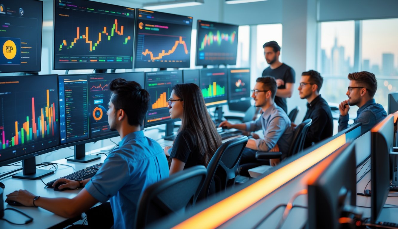 Sekelompok profesional muda sedang bekerja dengan layar komputer yang menampilkan grafik dan data permainan online di sebuah kantor modern.