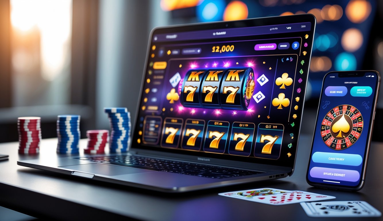 Sebuah meja kerja dengan laptop menampilkan permainan slot online dan beberapa chip poker serta kartu remi di sekitarnya.