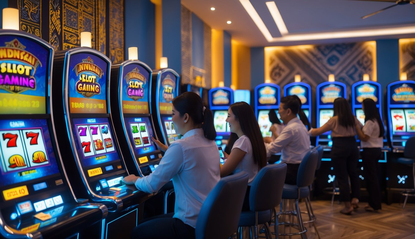 Suasana agen slot populer di Indonesia dengan mesin slot digital dan orang-orang yang sedang bermain di dalam ruangan yang modern.