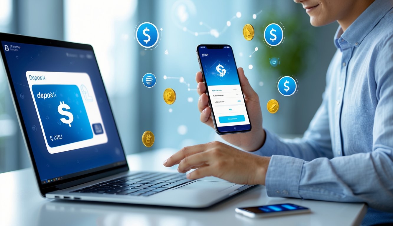 Seseorang menggunakan ponsel dan laptop untuk melakukan transaksi deposit e-wallet dengan latar kantor modern.