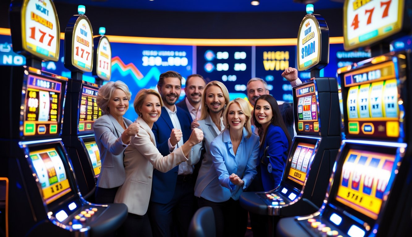 Orang-orang bahagia bermain mesin slot di kasino dengan lampu warna-warni dan layar digital di latar belakang.