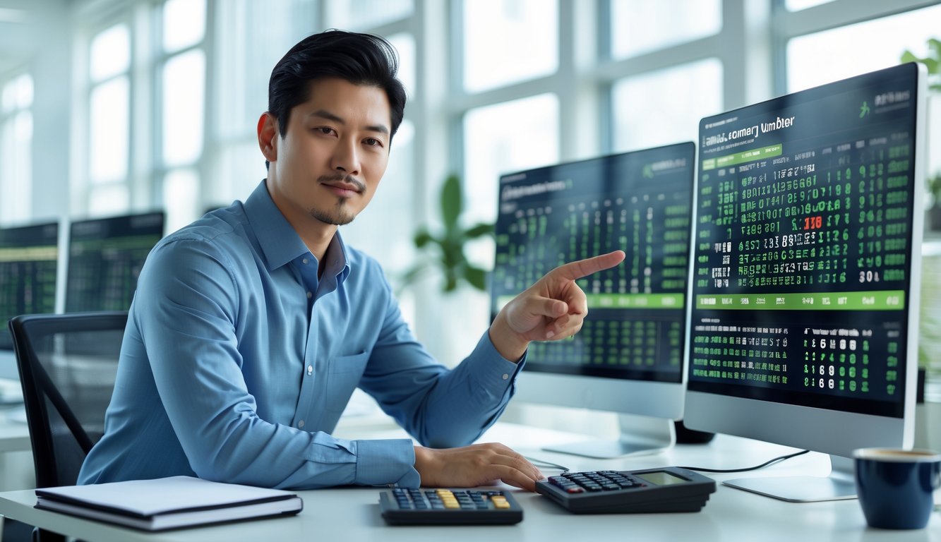 Seorang pria Asia duduk di meja kantor modern dengan beberapa layar komputer yang menampilkan data dan grafik angka, sedang fokus menganalisis prediksi angka togel.