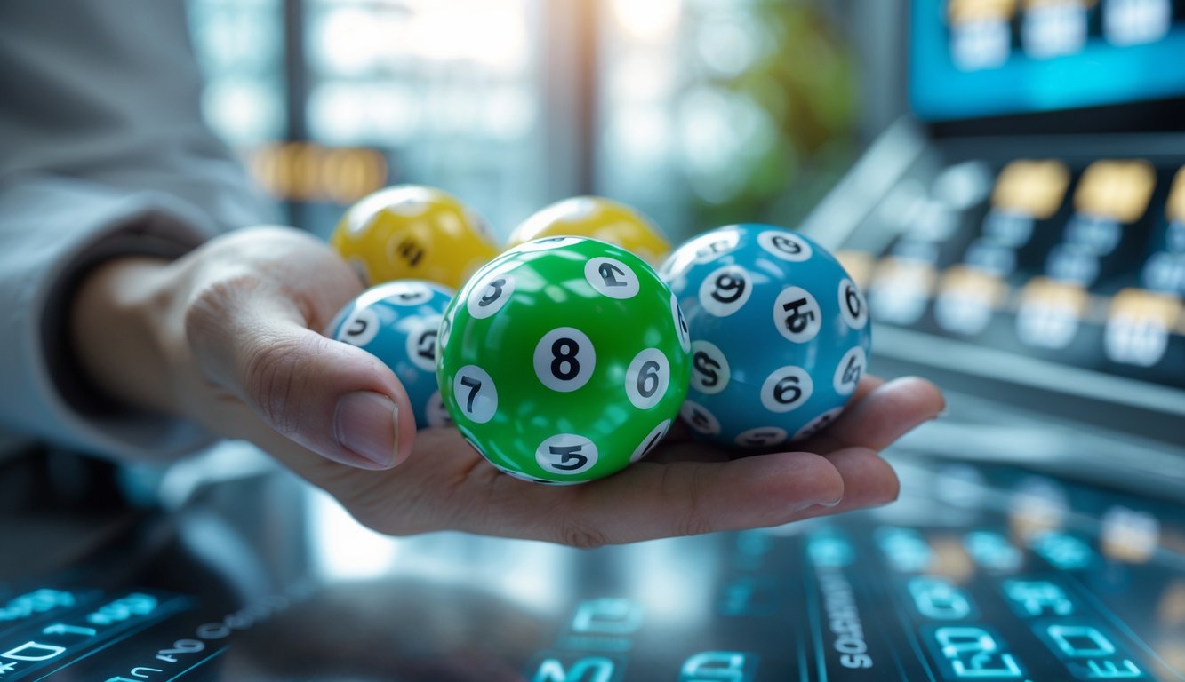 Tangan memegang bola lotre dengan nomor, menampilkan suasana pengundian lotre tiga dimensi.