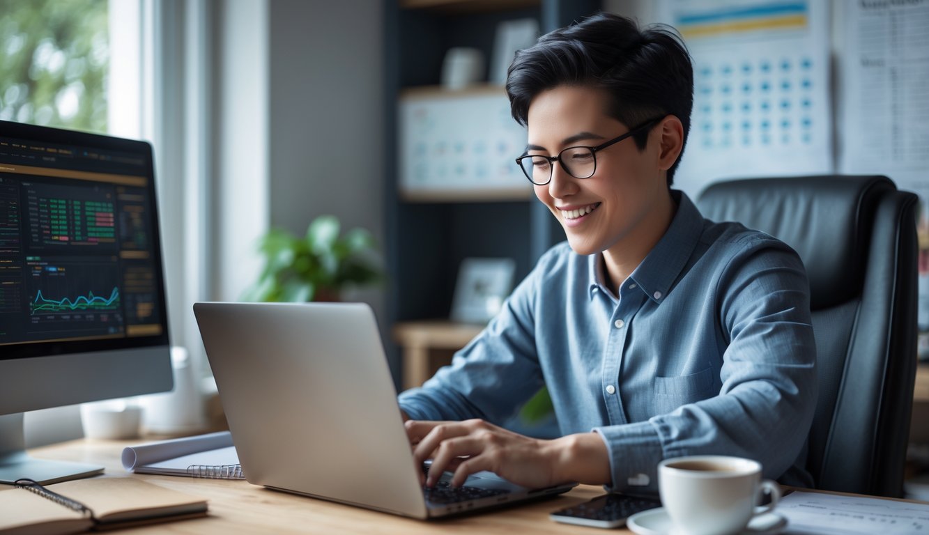 Seseorang menggunakan laptop di ruang kerja rumah yang nyaman dengan ekspresi fokus dan senang.