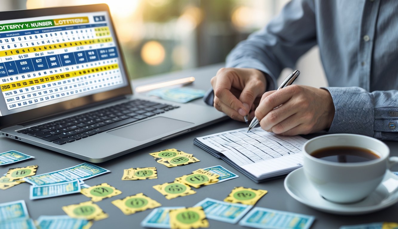 Meja kerja dengan laptop, tiket togel, dan tangan seseorang sedang menulis di buku catatan.