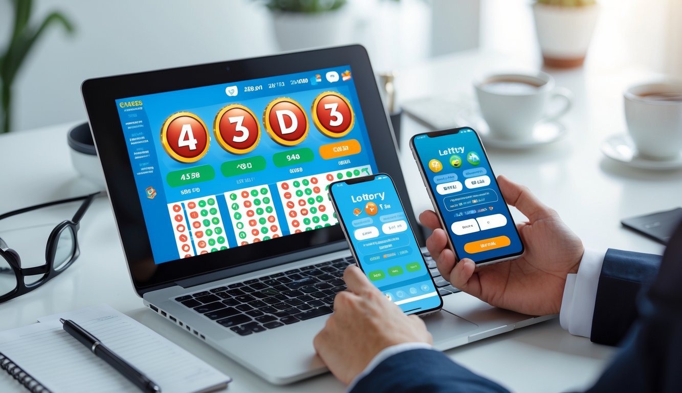 Seseorang menggunakan laptop dan ponsel untuk bermain togel online dengan angka dan grafik di layar.