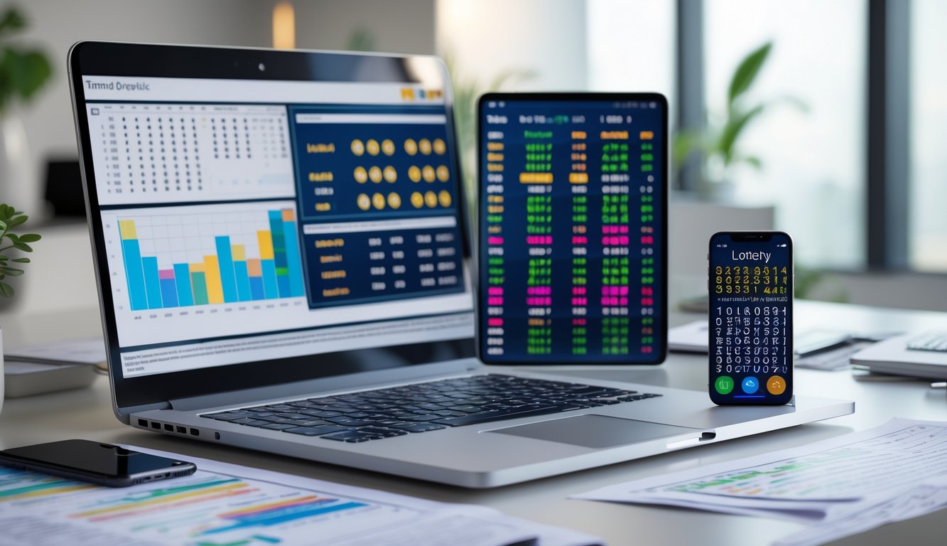 Meja kantor dengan perangkat digital menampilkan data angka dan grafik hasil togel.
