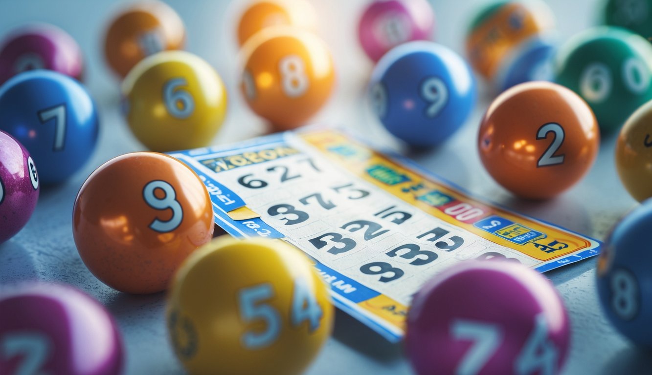 Tampilan dekat tiket togel dengan bola togel berwarna-warni di atas permukaan bersih.