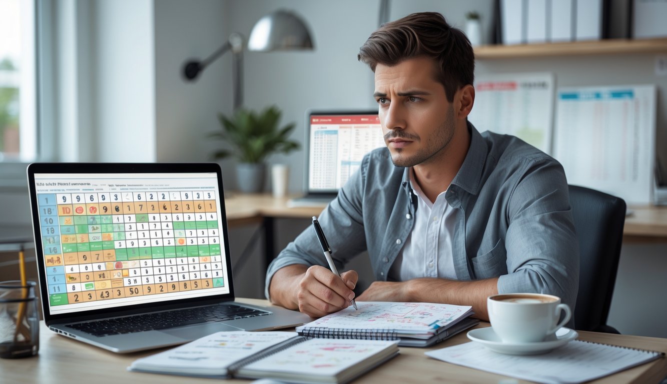 Seorang pria muda duduk di meja dengan laptop dan buku catatan, terlihat fokus mempelajari strategi bermain togel 3D.
