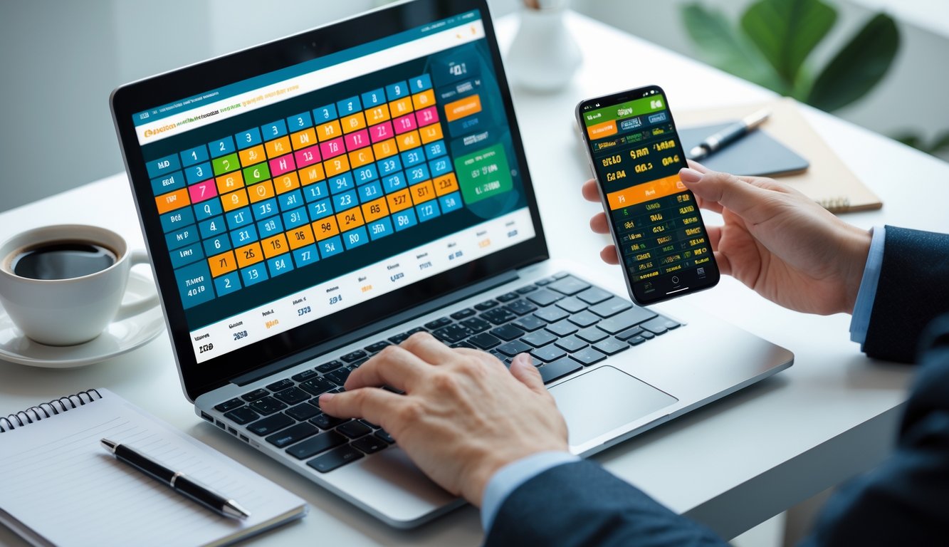 Seseorang menggunakan laptop dan ponsel untuk memasang taruhan togel 4D secara online di meja kerja dengan suasana yang rapi.