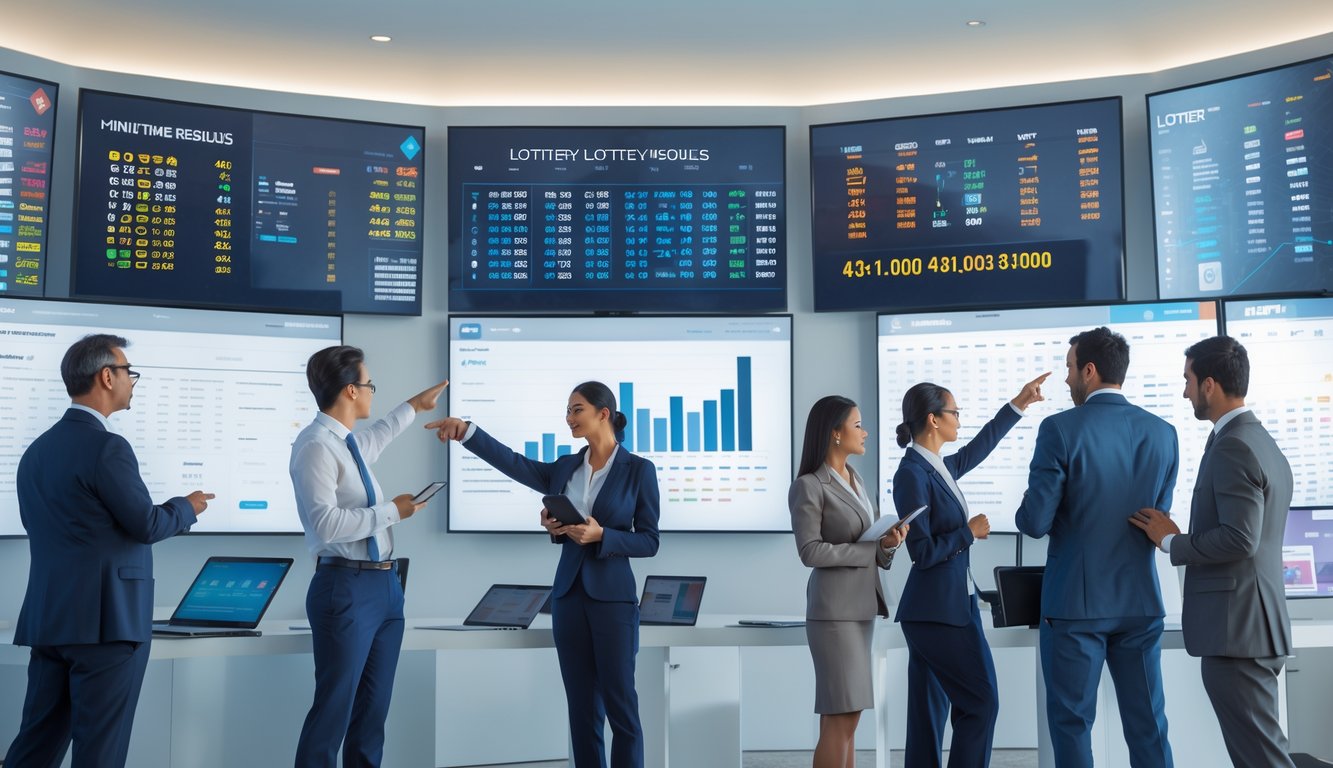 Beberapa profesional sedang melihat layar digital besar yang menampilkan hasil togel 4D, 3D, dan 2D secara cepat di kantor modern.