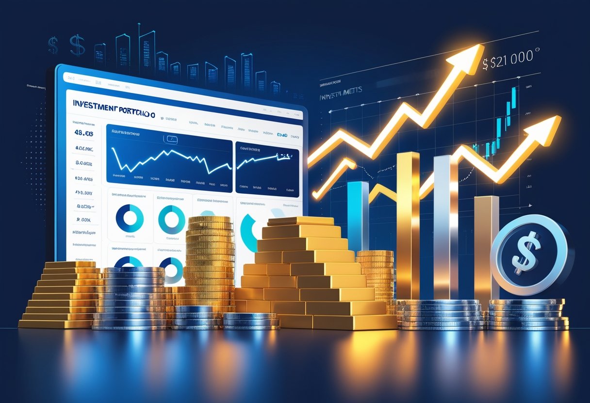 An illustration showing a financial dashboard with various investment assets, a rising inflation graph, and precious metals like gold and silver representing protection against inflation.