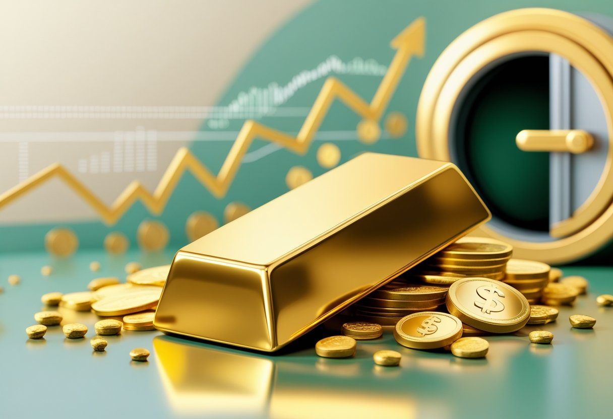 A gold bar and coins with a rising graph line and a vault door in the background, symbolizing gold as a hedge against inflation.