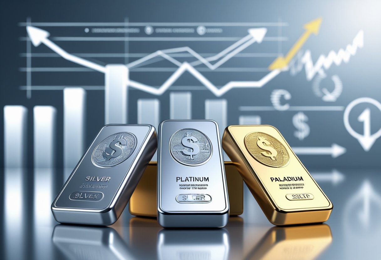 Three polished bars representing silver, platinum, and palladium displayed on a reflective surface with abstract financial symbols and upward-trending graphs in the background.